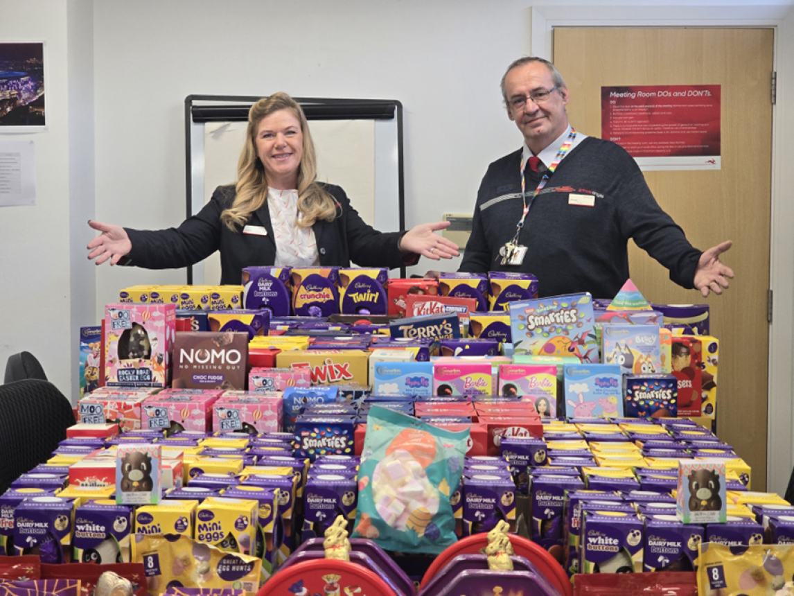 Lorraine Portnow (Customer Service Supervisor, Harlow Town) and Michael King pose with the eggs before donation. (Credit: Greater Anglia)