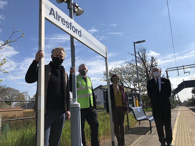 Argus Hardy, a WildEast Founder, Alresford station adopters Frank Belgrove and Sue Hammick, and Alan Neville, Greater Anglia