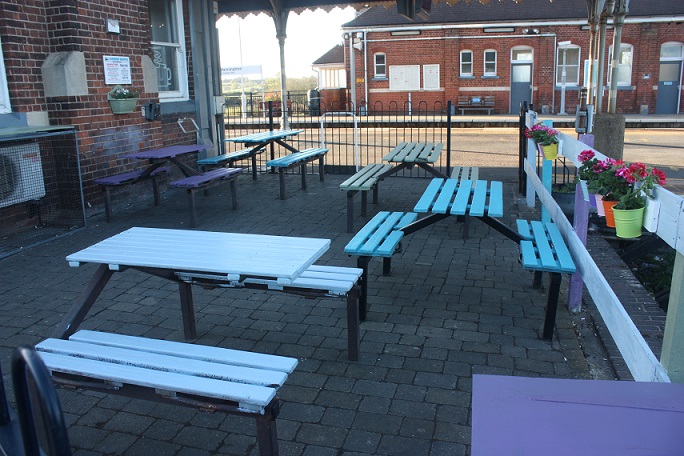 Newly painted seating at Manningtree station