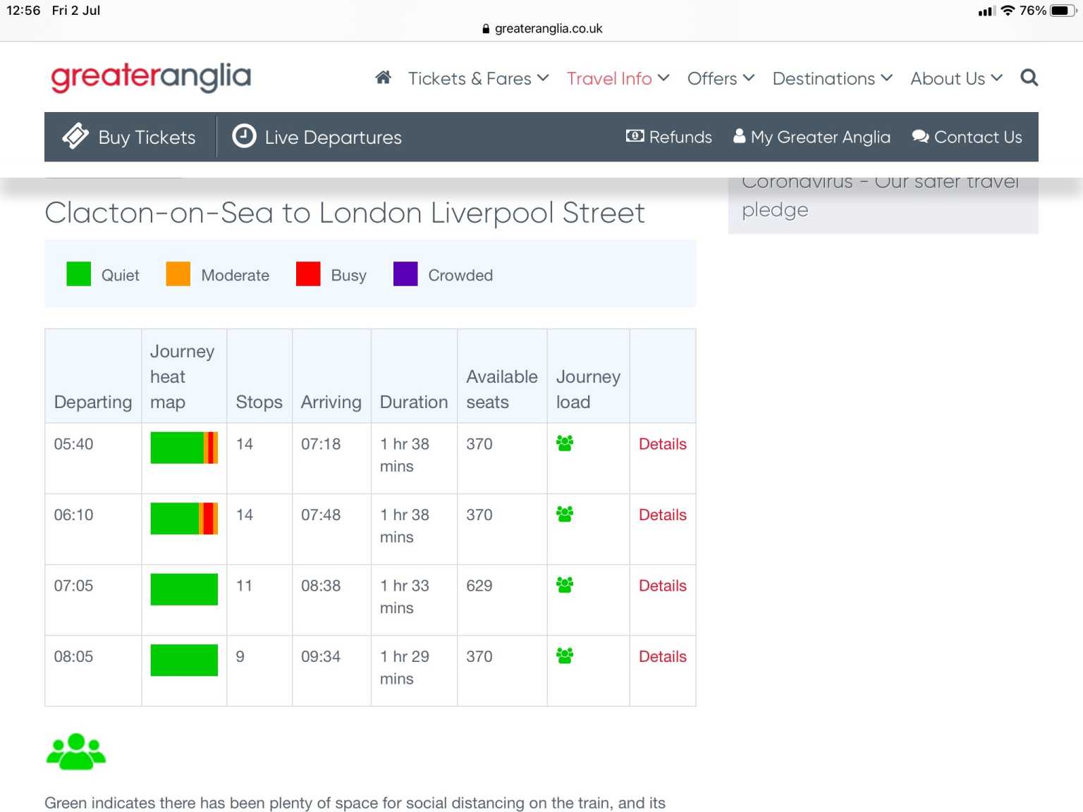 Screenshot of the less busy trains page