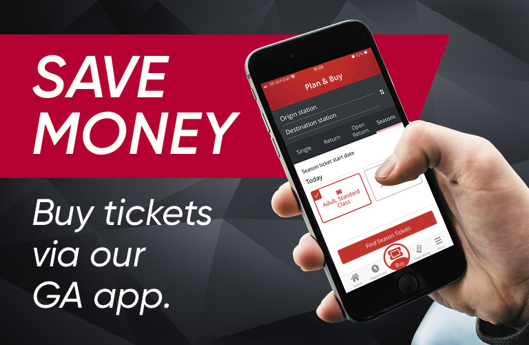 Graphic with the title save money, buy tickets with our GA App and the picture of a smart mobile phone