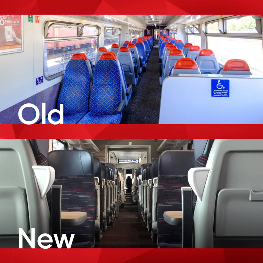 Top half shows interior of old trains and below the new ones