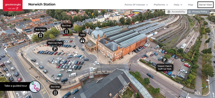 The online virtual tour showing an aerial view of Norwich rail station