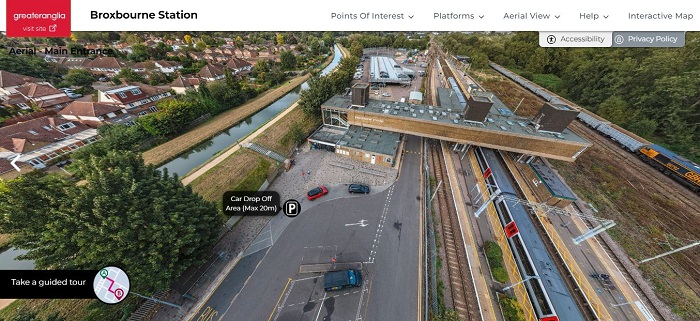 Screen shot of Broxbourne station's online virtual tour showing an aerial view