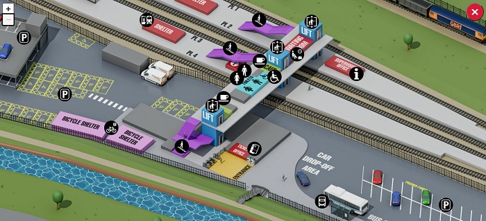 Screen shot of Broxbourne station's online virtual tour showing the interactive map