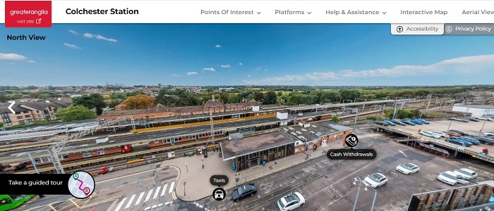 Aerial view of Colchester rail station in the online tour