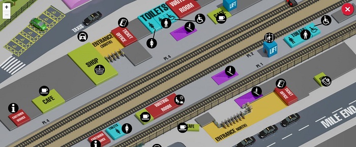 Screenshot of the interactive station map in the online tour of Colchester rail station