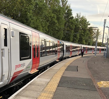 Greater Anglia's Alstom new train pulled up at Walton on the Naze station curved platform