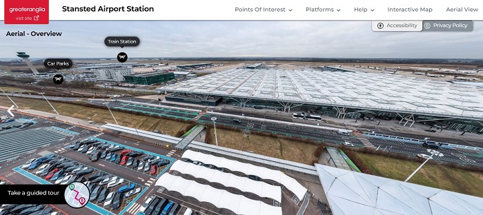 Screen shot of the Stansted Airport rail station virtual tour showing aerial view of the station