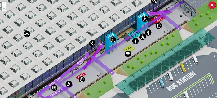 Screen shot of the Stansted Airport rail station virtual tour showing the interactive map