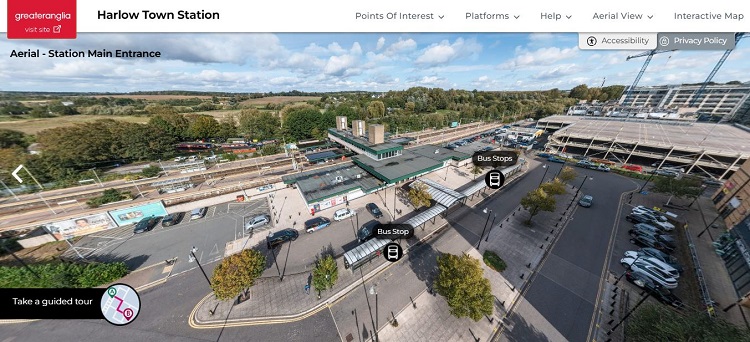 Screen shot of the virtual tour showing an aerial view of Harlow Town station