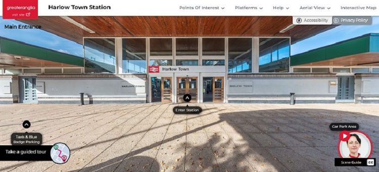 Screen shot of the virtual tour showing the front of Harlow Town station