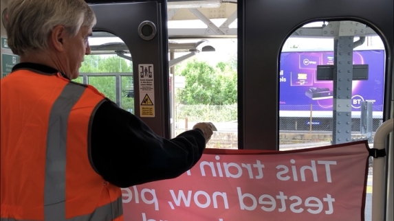 Andy Nelson testing a door safety feature on Greater Anglia's Bombadier train