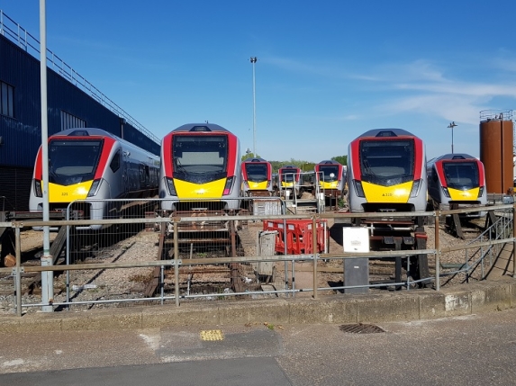 Stadler bi-mode trains at Crown Point Depot in Norwich