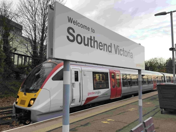 New bombardier train next to 'welcome to southend victoria' sign
