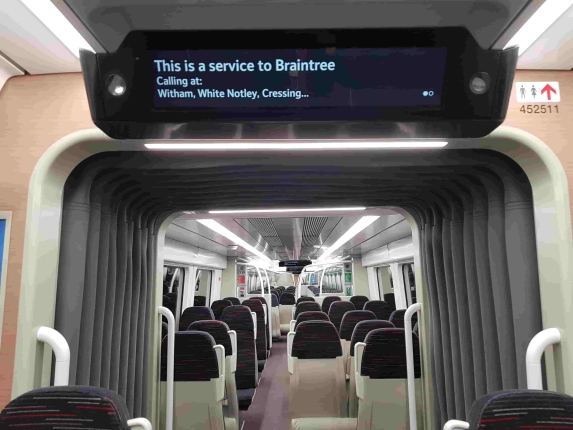 'This is a service to Braintree' written on information screen in train