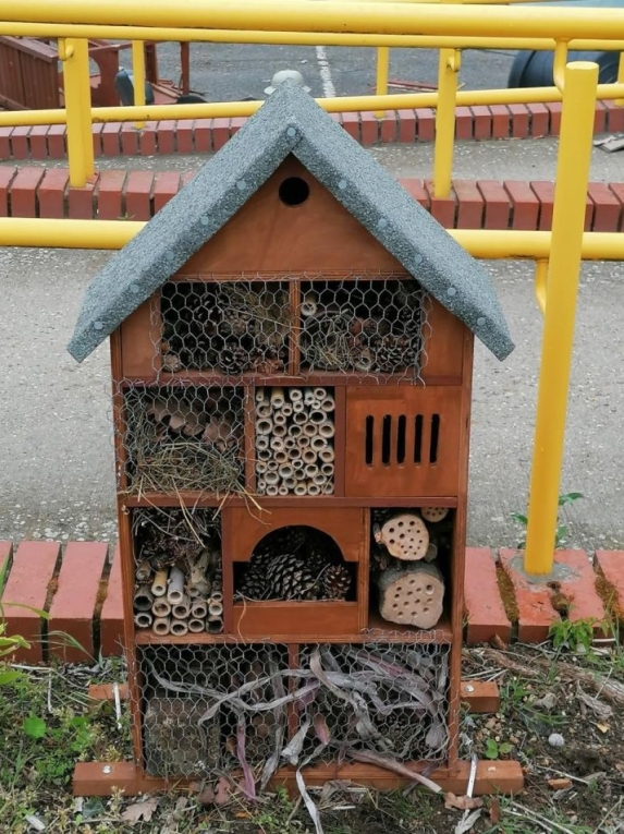 Close up of bug hotel at Diss Station