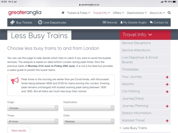 Screenshot showing the less busy trains page