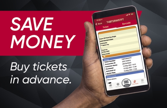 Graphic with the title save money, buy tickets in advance and the picture of a smart mobile phone