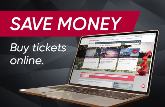Graphic with the title save money, buy tickets online and the picture of a laptop