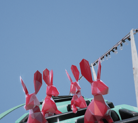 Four red hares riding a rollercoaster