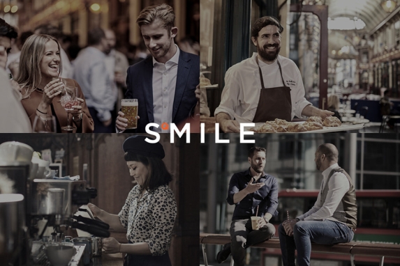Square Smile logo and people doing various activities in London like making a drink, talking and serving food