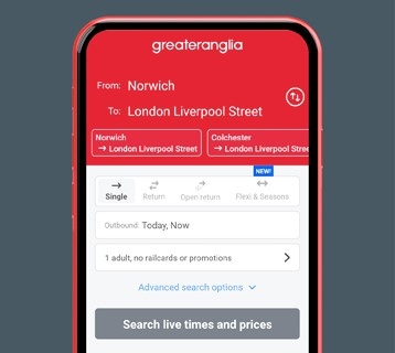 The homepage of the Greater Anglia app