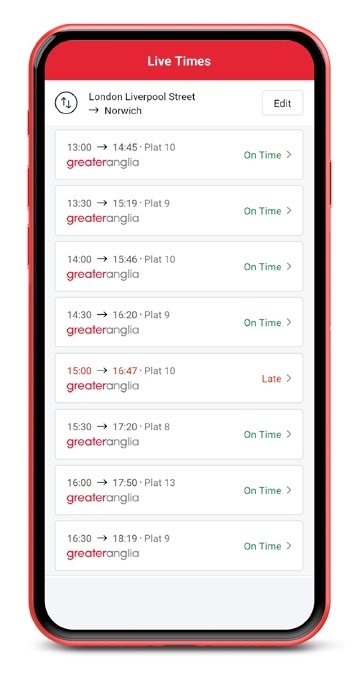 Screenshot of the live time on the Greater Anglia app