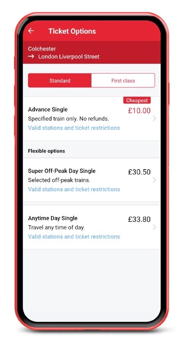 Ticket options displayed on the Greater Anglia app
