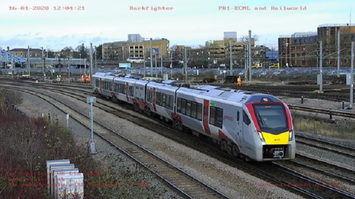 A RailCam camera at Peterborough captures one of Greater Anglia’s new trains