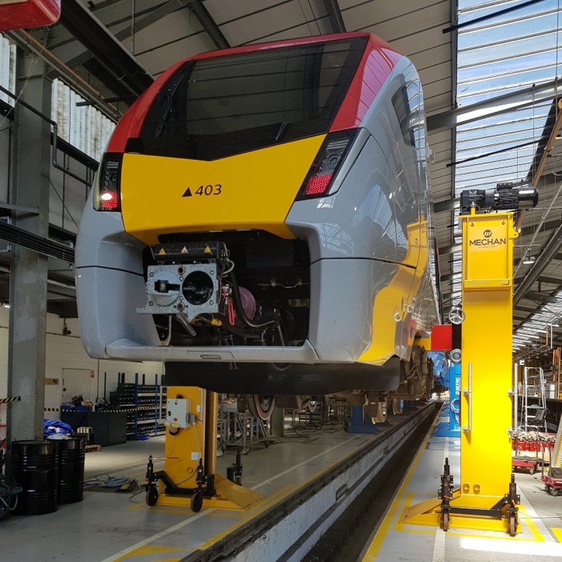 Clacton train lifting facility being used to raise a Stadler train off the ground