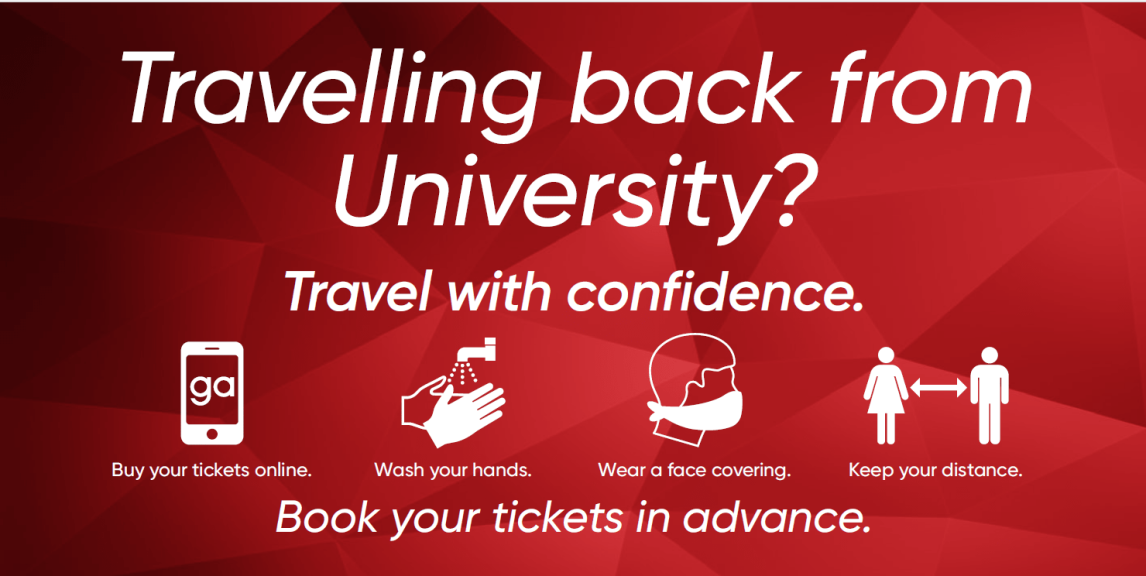 A red banner with 'Travelling back from university' written in white text 
