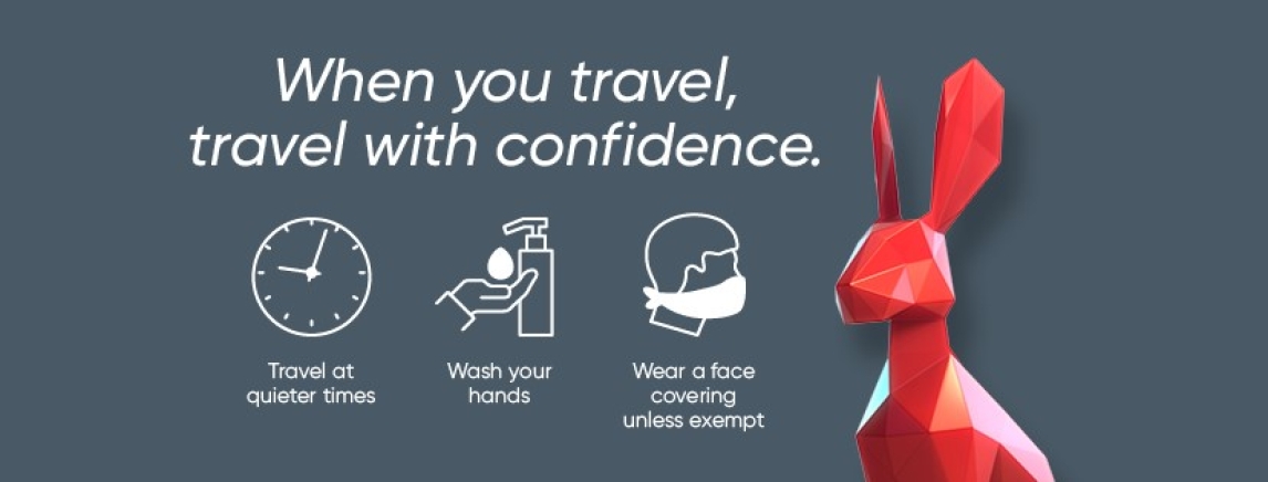 'When you travel, travel with confidence' written on a banner with a grey background and a red hare