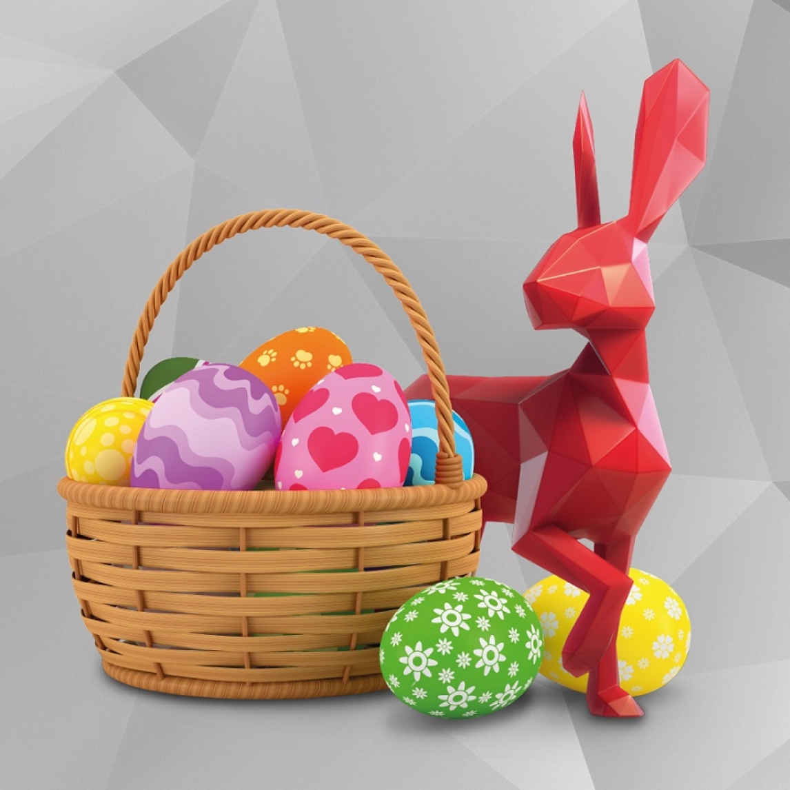 Red hare next to Easter eggs in a basket 