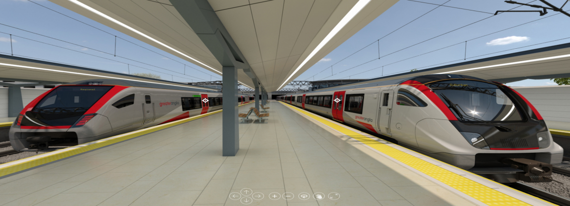 Virtual Reality view of a train station and trains