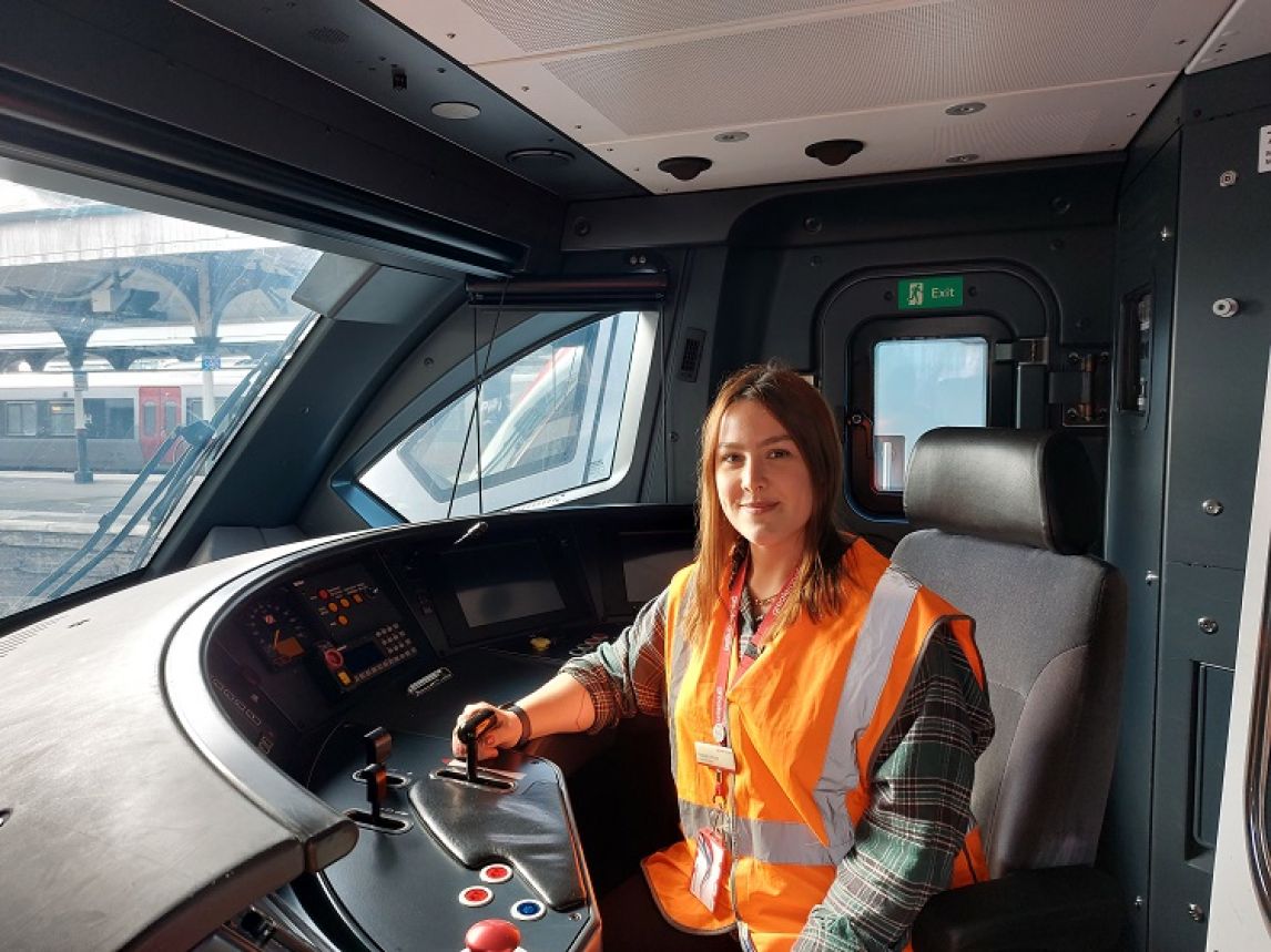 Elizabeth Ward, Driver Manager, in a train cab (Credit: Greater Anglia)