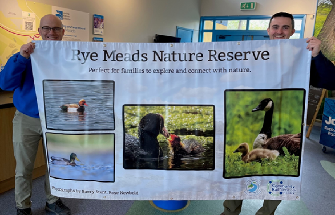 Barry Stent, photographer, and Matt Bartlett, Rye Meads Nature Reserve’s Visitor Experience Manager, with one of the banners