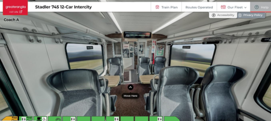 Screen shot showing the virtual tour of a Greater Anglia Intercity train (Norwich - London mainline).