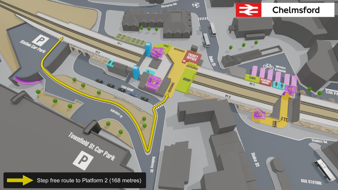 Map of step free route from chelmsford station entrance to platform 2