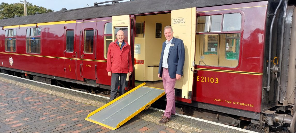 Jonathan Denby (L) and Graham Hukins (R) with one of the donated ramps at the North Norfolk Railway