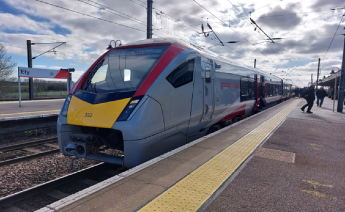 A Greater Anglia bi-mode train at Ely