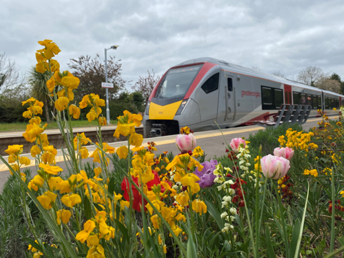 A Greater Anglia train passes the garden at Cantley rail station