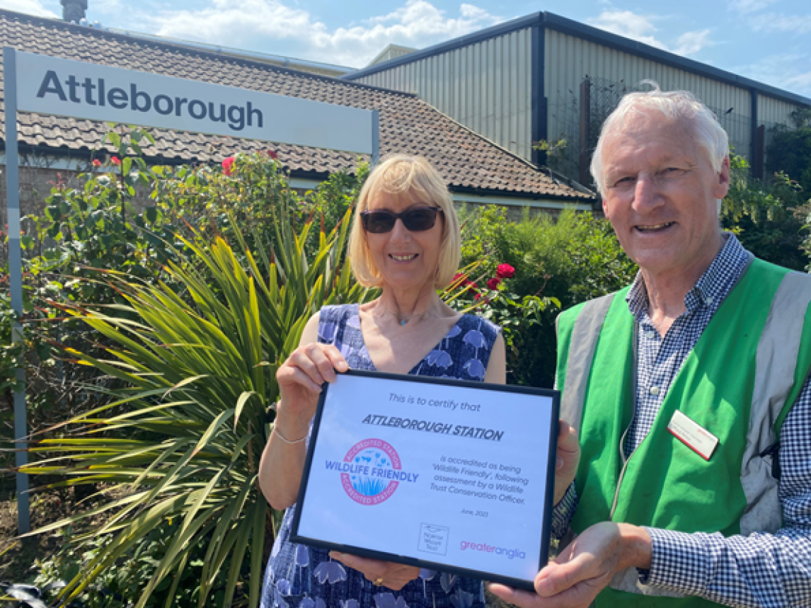 Station adopters, Jane Doughty and Cliff Amos with their Wildlife Friendly Station accreditation