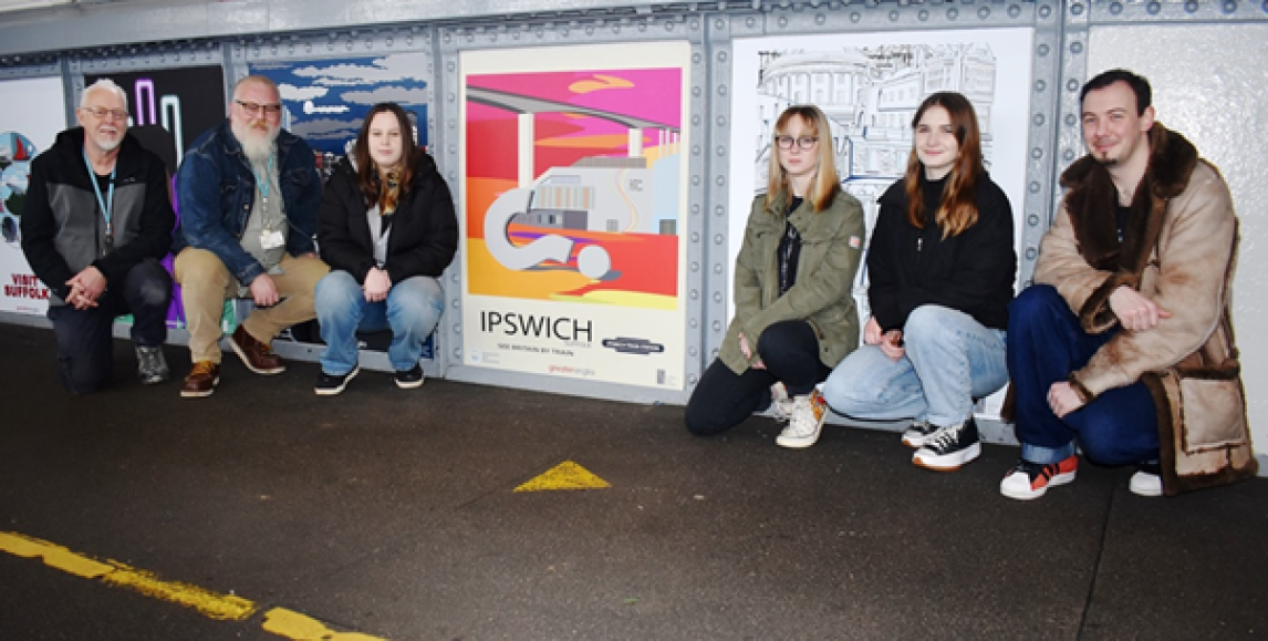 Above: Suffolk New College students and staff with their art work at Ipswich station. Credit: Greater Anglia