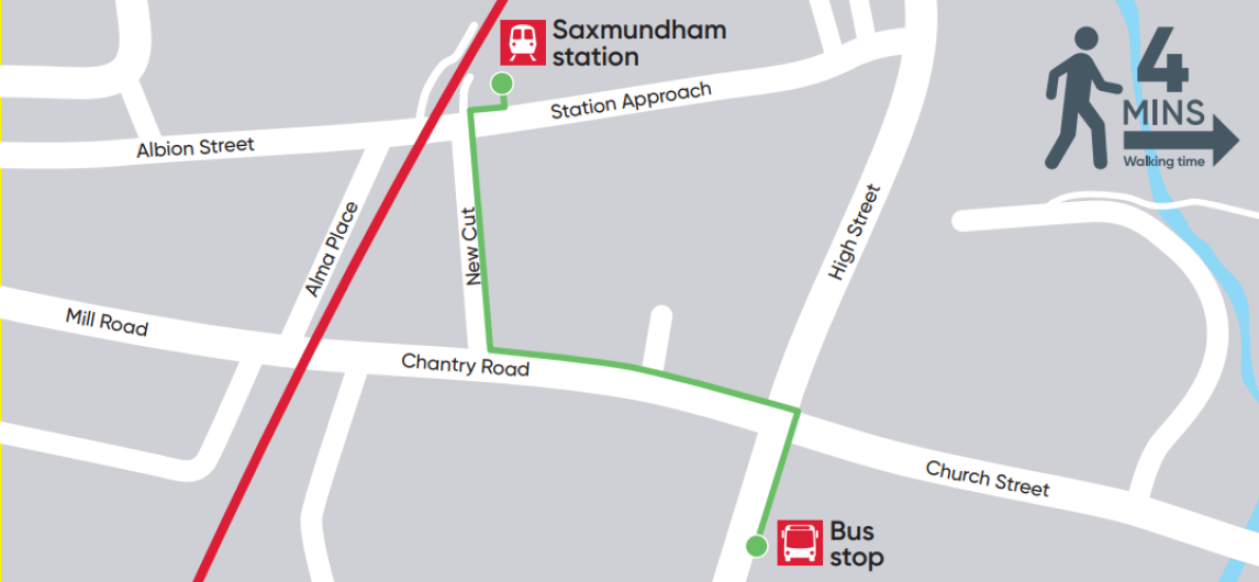 Map illustrating the walking route to the temporary bus stop