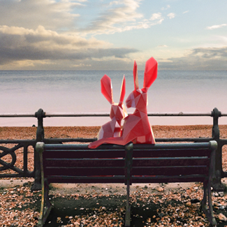 Hares sitting on a bench at the beach