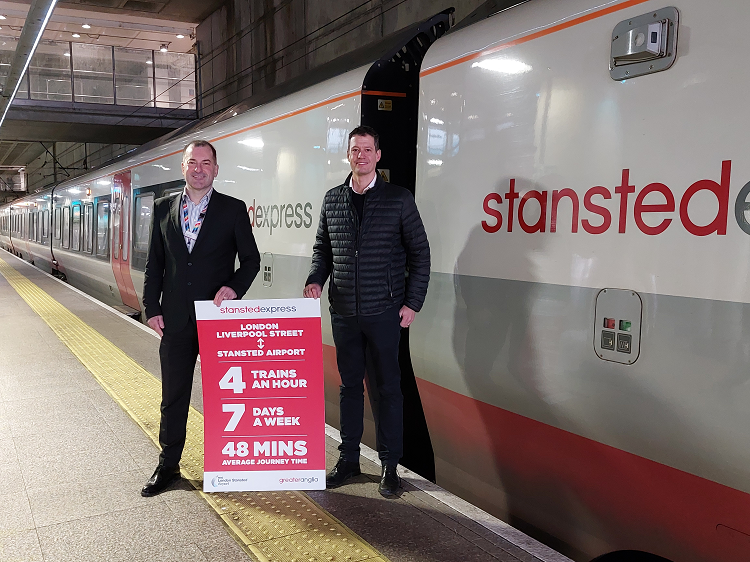 Gareth Powell, MAG and Jamie Burles, Greater Anglia next to Stansted Express