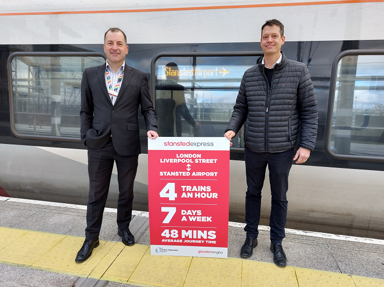 Gareth Powell, MAG and Jamie Burles, Greater Anglia next to Stansted Express