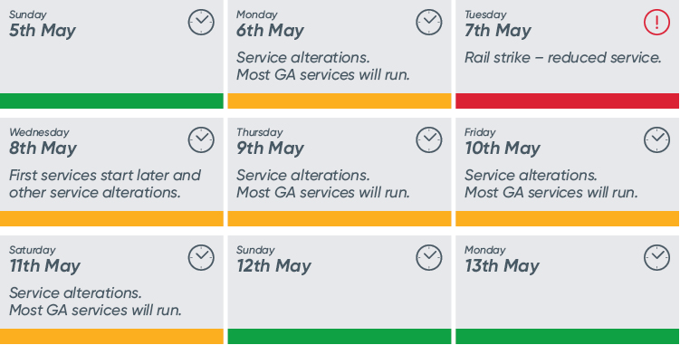 There will be a reduced service due to a rail strike on Tuesday 7th May. On Monday 6th, Wednesday 8th to Saturday 11th May, most Greater Anglia services will run but there will be service alterations. On Wednesday 11th May, first services of the day will start later than usual.